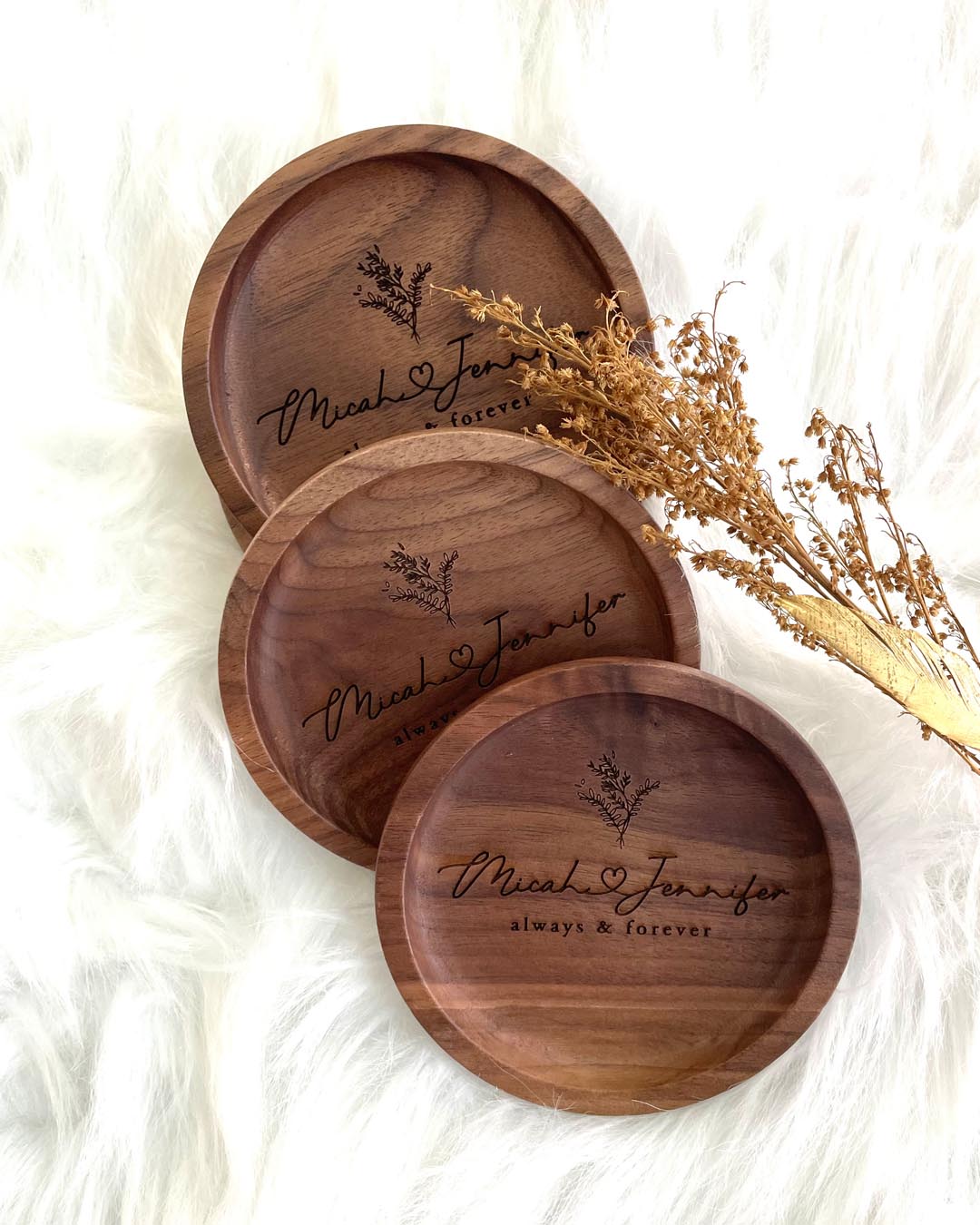Custom Engraved Walnut Wood Coasters 4 Piece Set