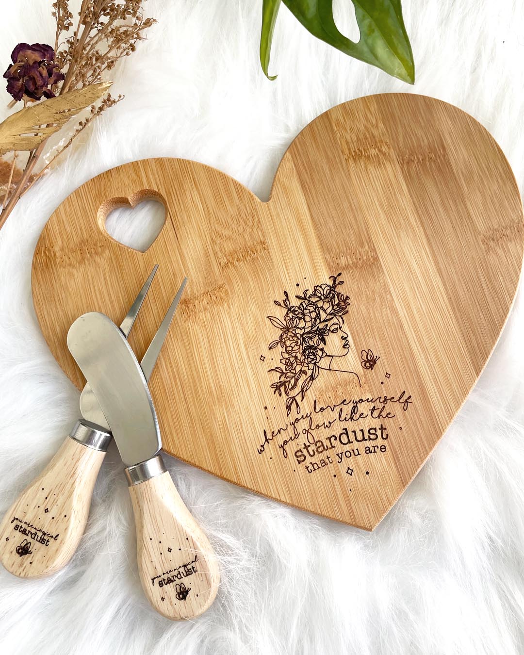 You are Magical Stardust Heart Shaped Cheese Board Knife Set