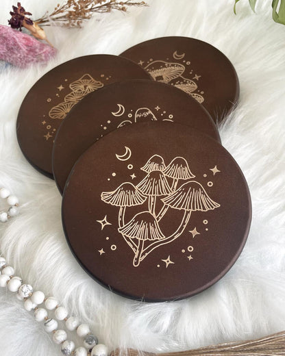 Wisdom Through Funghi Dark Wood Coaster Set