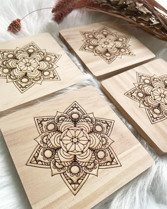 Mandala Square Wood Coaster Set