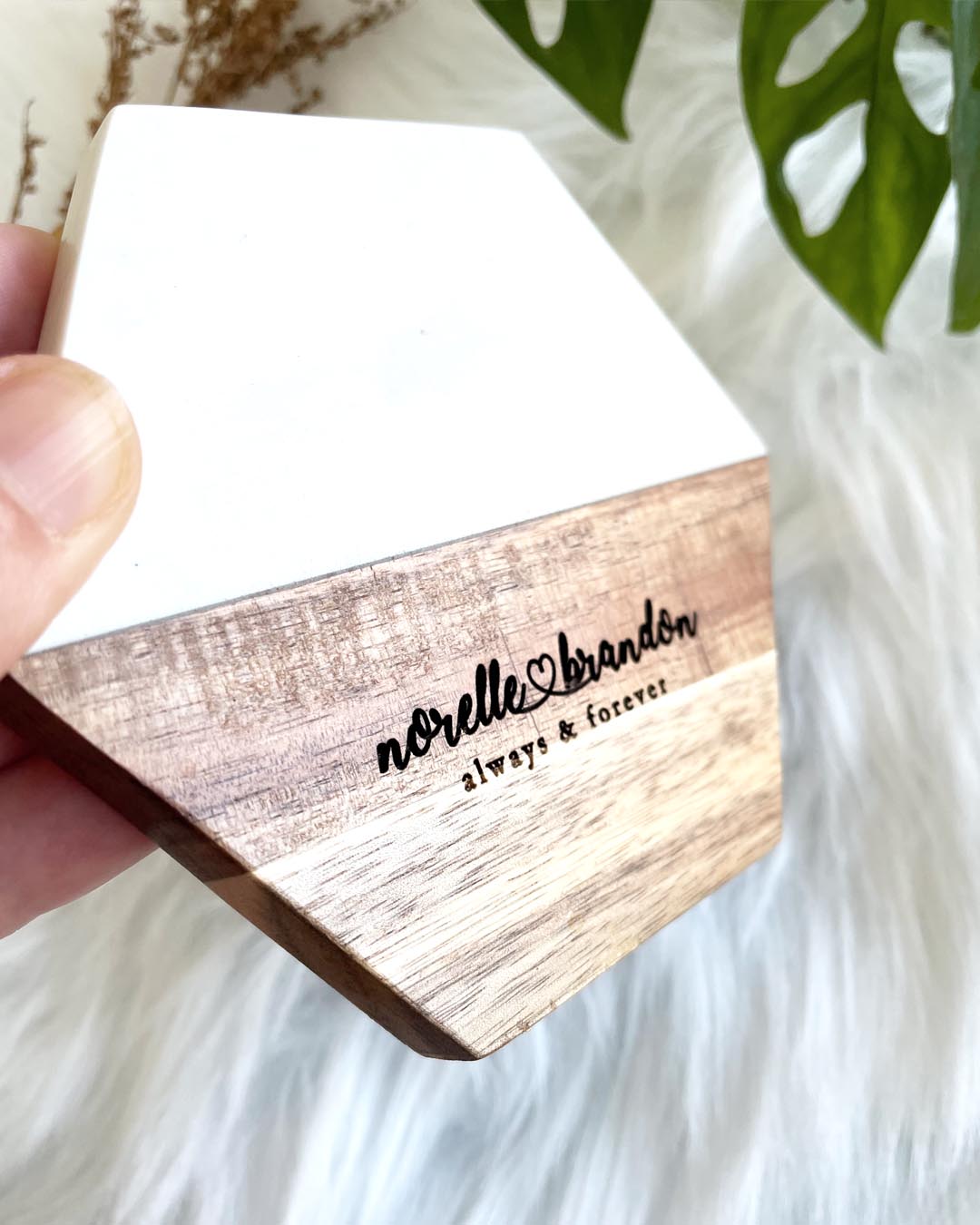 Custom Name Engraved Wood Marble Coaster 4 Piece Set