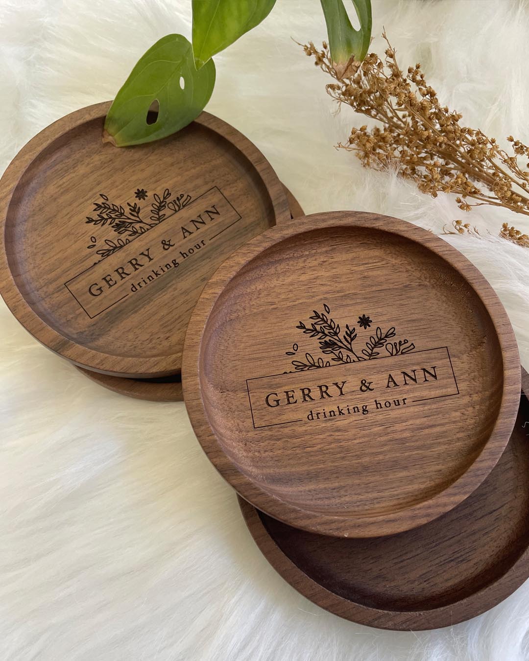 Custom Engraved Walnut Wood Coaster Set