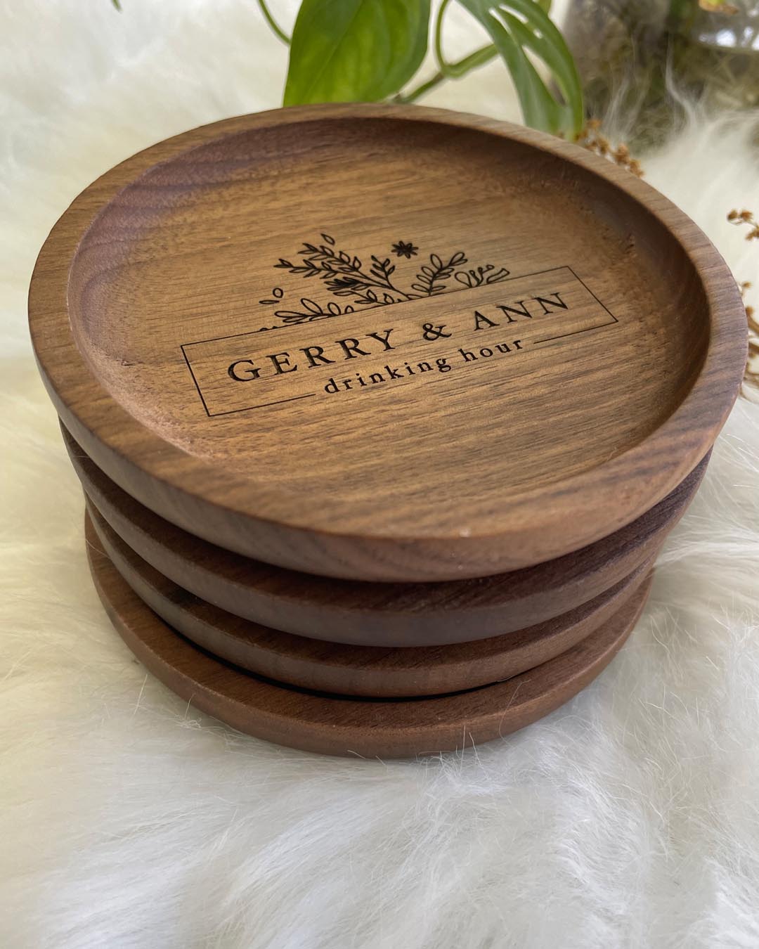 Custom Engraved Walnut Wood Coaster Set