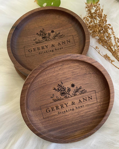 Custom Engraved Walnut Wood Coaster Set