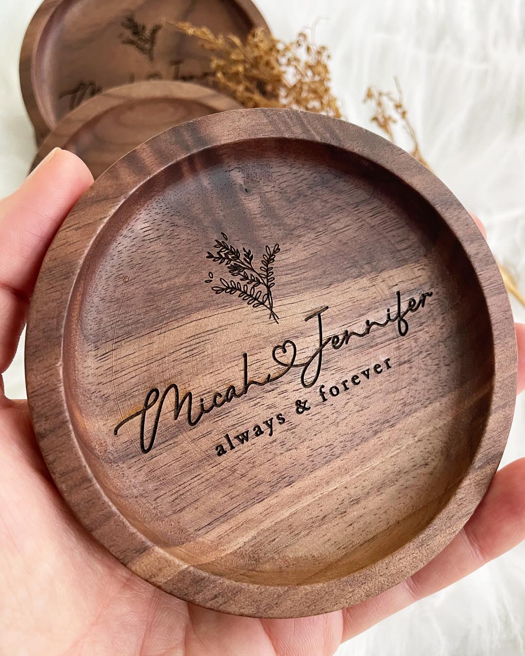 Custom Engraved Walnut Wood Coasters 4 Piece Set