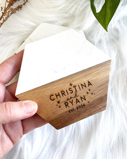 Custom Engraved Wood Marble Coaster 4 Piece Set