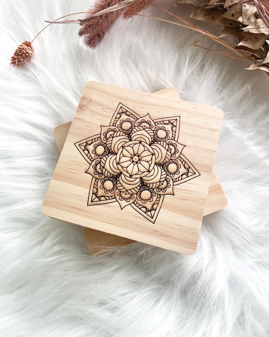 Mandala Square Wood Coaster Set