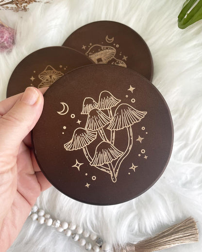 Wisdom Through Funghi Dark Wood Coaster Set