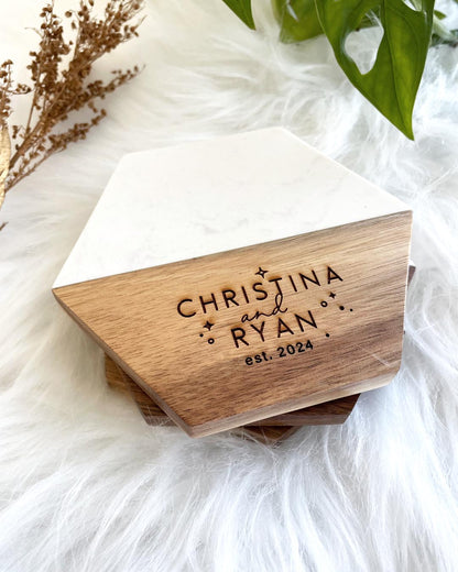 Custom Engraved Wood Marble Coaster 4 Piece Set