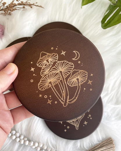 Wisdom Through Funghi Dark Wood Coaster Set