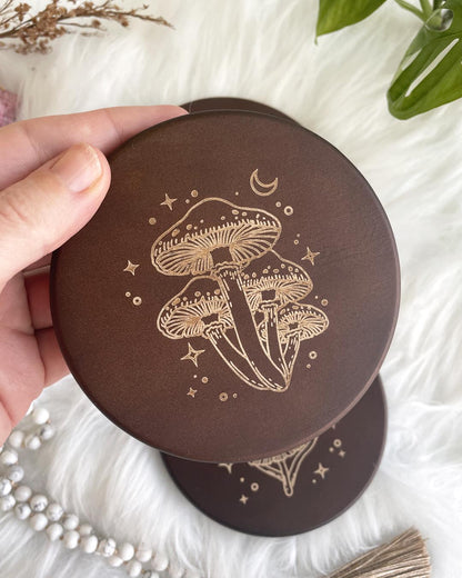 Wisdom Through Funghi Dark Wood Coaster Set